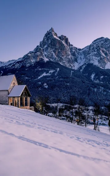 Church tower of St.Valentin Seis am Schlern in winter